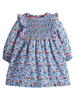 Baby Boden Girls' Fun Printed Smocked Woven Dress in Blue Spring Blooms