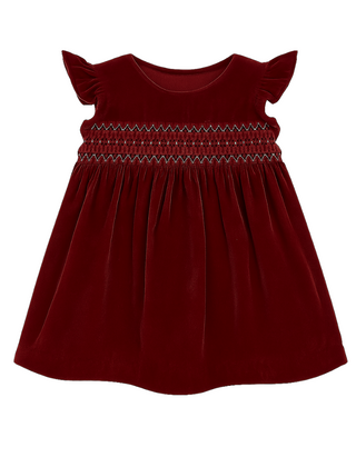 JoJo Maman Bébé Girl's Smocked Velvet Baby Dress in Burgundy