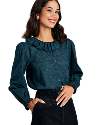 Women's Long Sleeve Fallon Waterfall Blouse in Navy Paisley