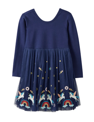 Girls' Long Sleeve Embroidered Tulle Skater Dress in Navy Unicorn (Imperfect)