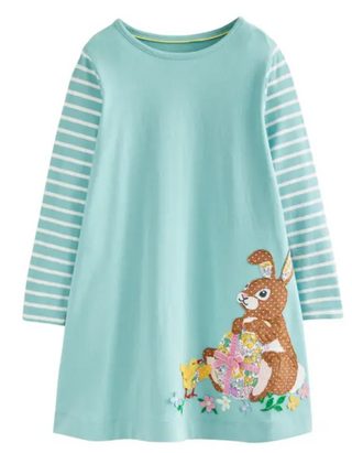 Mini Boden Girls' Easter Bunny Applique  Long Sleeve Dress in Green (Imperfect)