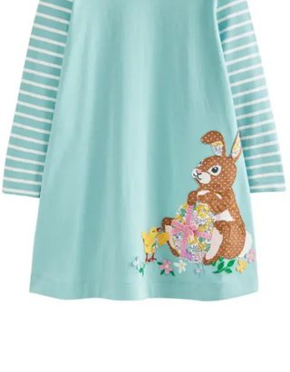 Mini Boden Girls' Easter Bunny Applique  Long Sleeve Dress in Green (Imperfect)