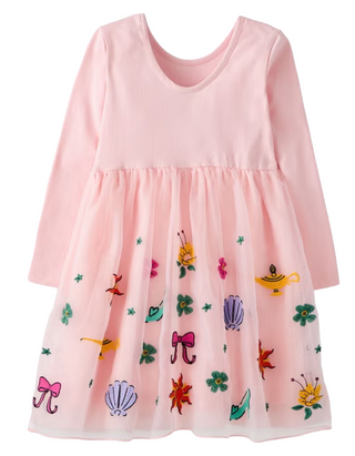 Girls' Disney Princess Long Sleeve Embroidered Tulle Dress - Pink