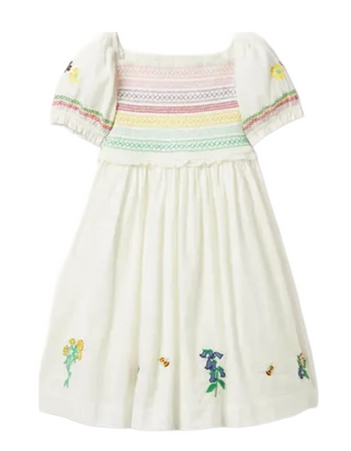 Mini Boden Girls' Floral Detail Rainbow Smocked Dress in Ivory