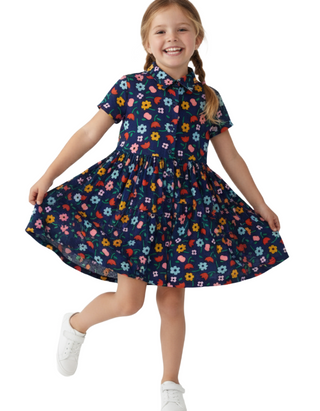 Girl's Floral Woven Button Up Front Shirt Dress in Navy