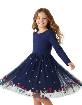 Girl's Embroidered Tulle Skater Dress in Blue Unicorn Starscape (Imperfect)