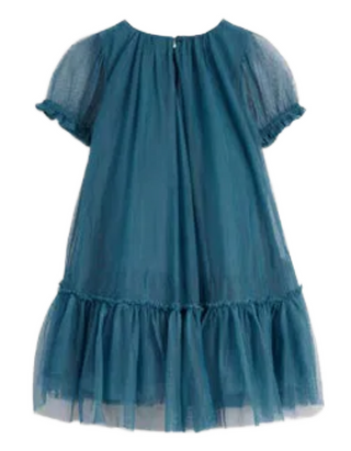 Mini Boden Girl's A line Flutter Flower Applique Dress in Blue (Imperfect)