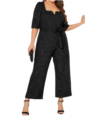 Women's Glitter Notch Neck Tie Waist Jumpsuit in Black