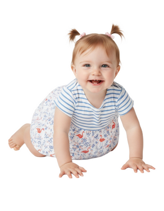 Baby Boden Short Sleeve Jersey Printed Hotchpotch Dress in Ivory/Flamingos