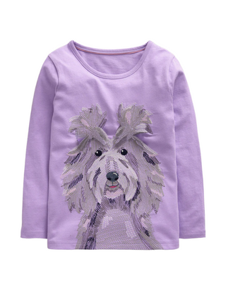 Mini Boden Girls' Long Sleeve Superstitch T-Shirt in Purple Dog (imperfect)