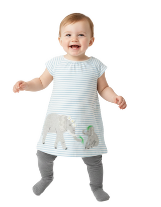 Baby Boden Girl's Breton Elephant Applique Jersey Dress in Blue Mix