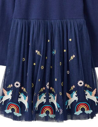 Girls' Long Sleeve Embroidered Tulle Skater Dress in Navy Unicorn (Imperfect)
