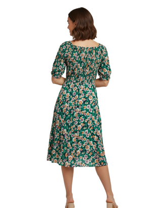 Women's Shirred Detail Floral Printed Dress - Green