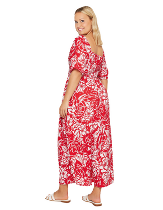 Women's Abstract Floral Print Shirred Maxi Dress in Red (Imperfect)