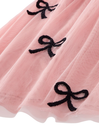 Girls' Long Sleeve Embroidered Tulle Skater Dress in Pink Bows (Imperfect)
