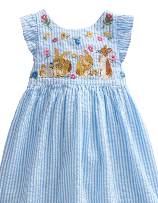 Mini Boden Girls' Stripe Embroidered Cotton Pinafore Dress Ivory/ Blue Ticking Bunny