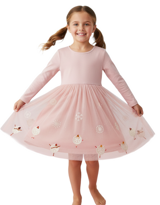 Girl’s Embroidered Tulle Dress in Pink/Dancing Snowflakes (Imperfect)