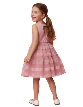 OVS Girl's Chenille Stripe Detail Tulle Skirt Dress in Mauve Pink