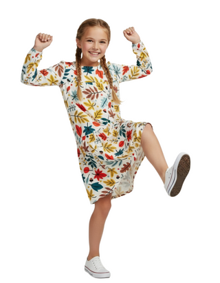 Girl's Long Sleeve Woven Twirl Dress in Ivory/Fall Foliage