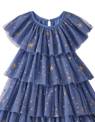 Girls Layered Foil Print Tulle Dress- Blue Stars