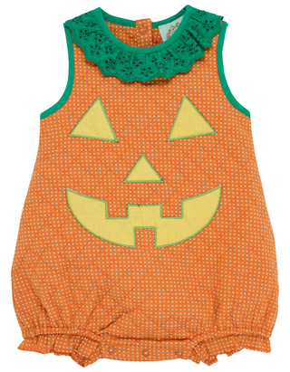 The Beaufort Bonnet Company Baby Halloween Ruffle Pumpkin Romper in Orange
