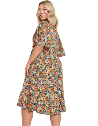 Women's Floral Print Angel Sleeve Smock Dress in Brown