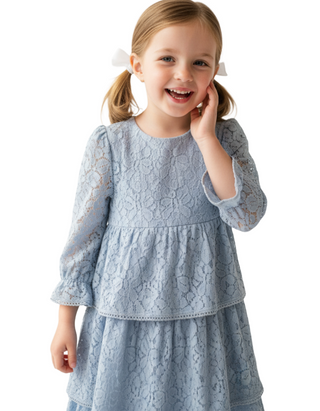 Mini Boden Girls' Tiered Lace Dress in Blue (Imperfect)