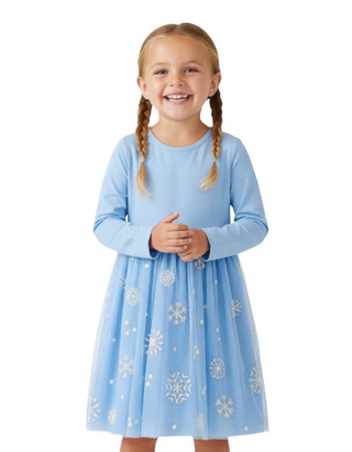 Girl’s Tulle Dress Embroidered Skater Dress in Blue on Snow Flakes (Imperfect)