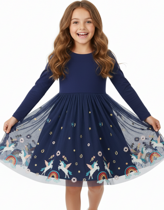 Girls' Long Sleeve Embroidered Tulle Skater Dress in Navy Unicorn (Imperfect)