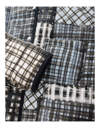 Women's Check Print Quilted Popper Front Jacket in Indigo Blue/Navy Patchwork