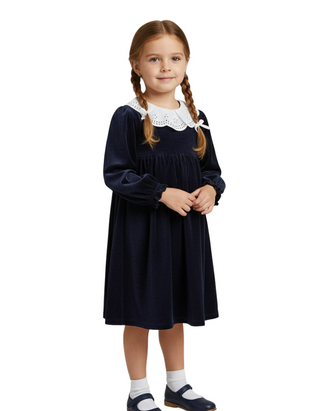Jojo Maman Bebe Girls' Velour Party Dress With Scallop Collar in Navy