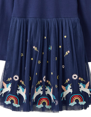 Girls' Long Sleeve Embroidered Tulle Skater Dress in  Navy Unicorn