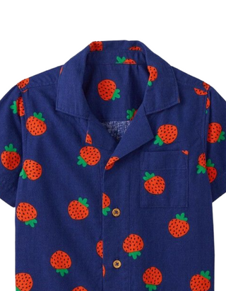 Girls Printed Linen Blend Shirt in Blue Strawberries