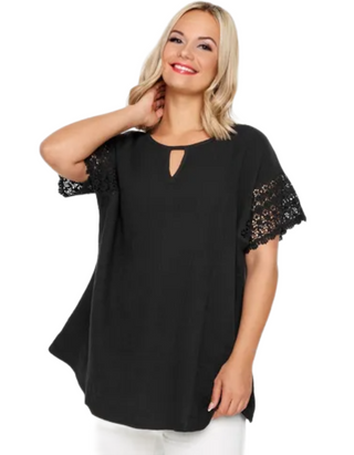 Women's Plus Size Cheesecloth Crochet Top in Black