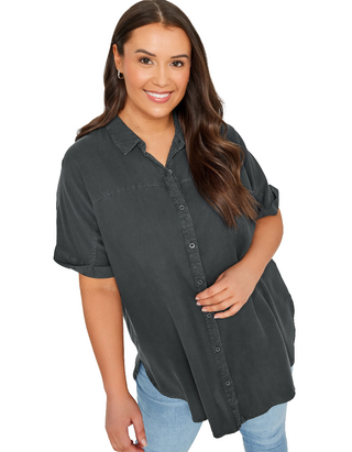 Women's Plus Size Short Sleeve Chambray Shirt in Washed Black (Imperfect)