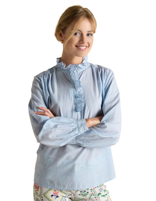 Women's Long Sleeve Melanie Striped Cotton Frill Blouse in Blue