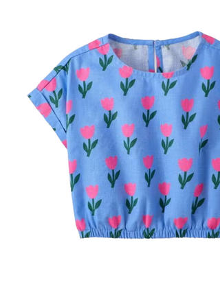Girls Print Boxy Fit Top in Tulips On Vintage Blue