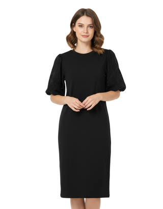Women's Broderie Sleeve Enya Jersey Dress in Black (Imperfect)