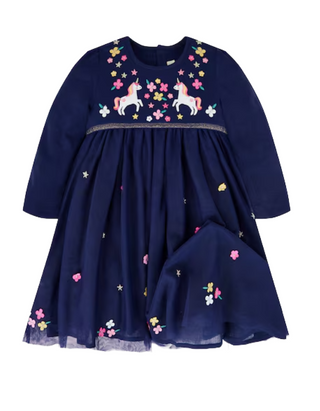Jojo Maman Baby Unicorn Embroidered Party Dress in Navy (Imperfect)