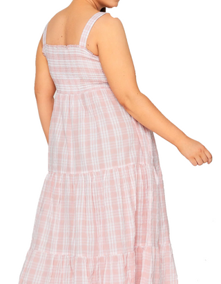 Women's  Plus Size Check Print Shirred Strappy Sundress in Pink