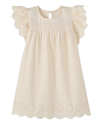 Girls' Ruffle Sleeve Linen Eyelet Dress in Ecru White