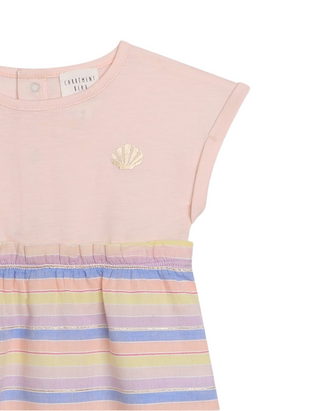 Carrément Beau Girl's Striped A-line Dress in Baby Pink Mix