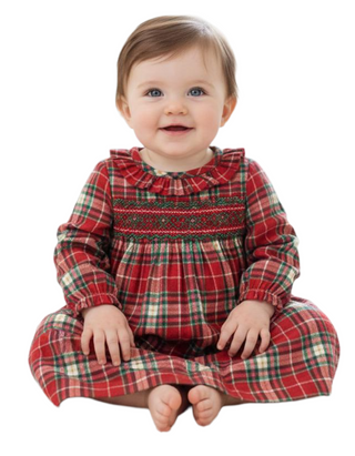 Baby Boden Girls' Woven Check Smocked Dress in Red Mix