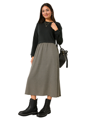 Women's Nia Dark Natural Ikat Geo Midi Dress in Black (Imperfect)