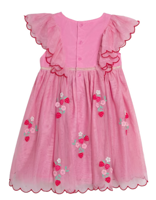 Jojo Mama Floral Scallop Sleeve Embroidered Tulle Party Dress in Strawberry Pink