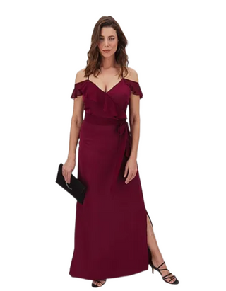 Women's Partywear Ruffle Satin Maxi Dress in Wine Pink