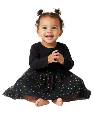 Girl's Baby Long Sleeve Tulle Dress in Black Mini Confetti (Imperfect)
