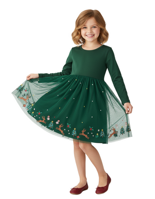 Girl's Embroidered Festive Tulle Dress in Forest Green (Imperfect)
