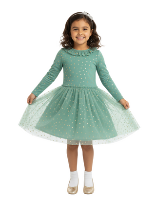 Mini Boden Girls' Rose Twirly Jersey Tulle Dress in Green Stars