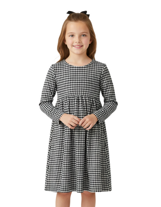 Girls' Empire Knit Jacquard Dress Holiday Gingham in Black